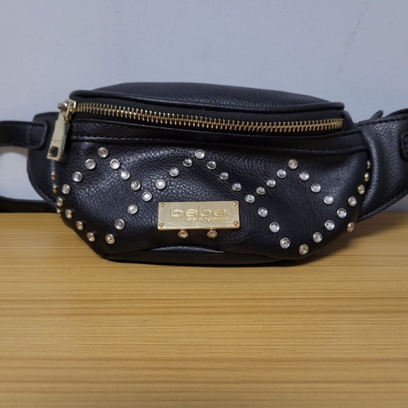 Bebe Los Angeles Fanny Pack Belt Bag Rhinestone Studded Zipper Black Adjustable - Picture 1 of 7